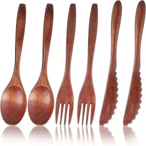 술릭후이 재사용 가능한 나무 식기 세트 숟가락 포크 나이프와 함께 먹을 수 있는 천연 6개 여행 및 캠핑을
