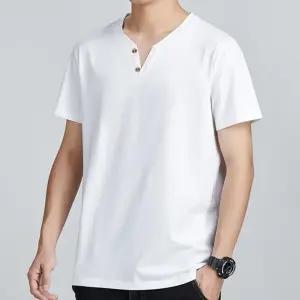 남녀공용 시원시원한 사계절 V넥 무지 면 단추 반팔티셔츠 반팔 라운드 빅사이즈 오버핏 셔츠 데일리 루즈