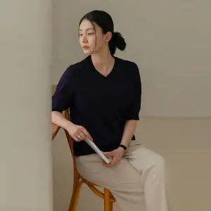 [하프클럽/엘리시아]실크 데일리 브이 반팔 니트 티