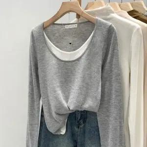 CWTT8485 여성 레이어드 U넥 티셔츠 얇은 긴팔티 자외선 차단 0413