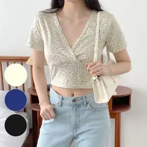 크롭탑 반팔 티셔츠 스판 슬림 여자 여름 꽃무늬티