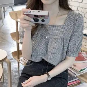 체크 여자 반팔 티셔츠 스퀘어넥 여름 셔링 반팔티 여성 반팔티 셔츠 여름 여자