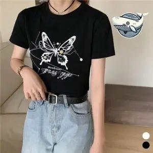 프린트 크롭 반팔 티셔츠 감각적인 캐주얼 크롭 셔츠 반팔티 프린팅 티