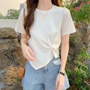 언발란스 여성 반팔 티셔츠 셔링 여자 라운드 반팔티 셔링 여름티 셔츠 예쁜 여자 라운드 반팔티 여성