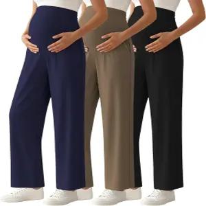 에카버스 3팩 여성 임산부 바지 오버 벨리 소프트 라운지 팔라초 스트레치 와이드 레그 임신 주머니 포함