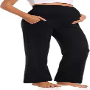 푸코메 여성 임산부 바지 캐주얼 루즈 와이드 레그 워크 팬츠 포근한 임신 라운지 주머니 포함