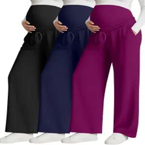 후케이 3팩 여성 임산부 바지 배 위에 끈으로 묶는 임신 주머니가 있는 신축성 라운지