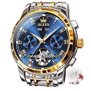 남성 OLEVS 셀프 와인딩 시계 자동 기계식 원피스 투어빌론 스테인리스 듀얼 캘린더 방수 야광 손목시계