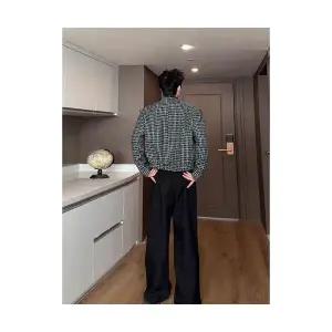 남자정장자켓 트위드 정장 코트 가을 오버사이즈 패드 재킷 숏 하운드투스 체크 상의 ible3