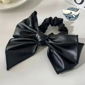 블랙 리본 가죽 헤어 스크런치 스타일리시 곱창 스크런치 고무줄 곱창머리끈 리본머리끈