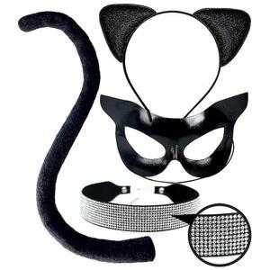 올리판 블랙 고양이 의상 액세서리 여성 글리터 귀와 꼬리 가면극 할로윈 성인