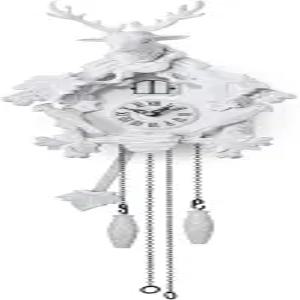 자동 야간 모드 쿼츠 무브먼트 및 조각된 사슴 머리가 있는 타임기어 뻐꾸기 시계(흰색)