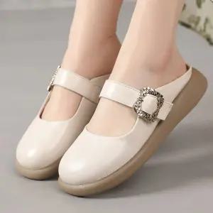 빈티지 봄여름 리얼 일자 여성패션 밴드 가죽 메리제인 슬리퍼 통굽 DL2