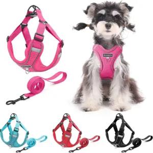반려견 하네스 및 목줄 세트 조절 가능한 삼각형 반사 강아지 조끼 소형 중형견 고양이용 당김 방지 소프트