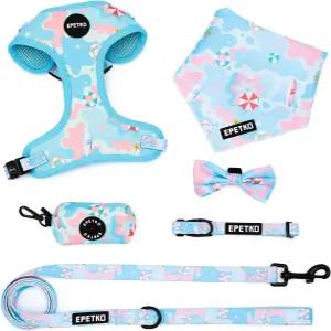 소형견 하네스 및 목줄 세트 6개 당기지 않는 부드러운 경량 메쉬 강아지 조절 가능 귀여운 꽃무늬