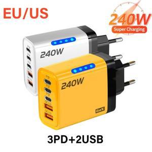 240W GaN 2USB+3타입-C 멀티 포트 고속 충전기 LED 라이트 포함 USB 타입 C 퀵 차지3.0 벽 어댑터 데스크탑