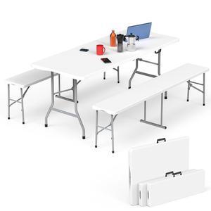 HLPB 접이식 테이블 피크닉 세트, 6피트 캠핑 테이블, 벤치 2개, 작업 모임 파티를 위한 야외 실내 휴대용 가구, 캠핑, 피크닉, 결혼식 및 손잡이 안전 잠금장치, 흰색