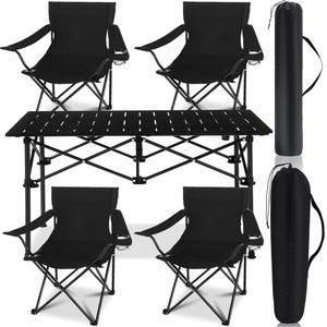 버벨 5종 여름 휴대용 캠핑 의자 및 접이식 테이블 세트 야외 옥스포드 패브릭 잔디 테이블, 컵 홀더 포함 여행 낚시 스포츠용 가방(블랙)
