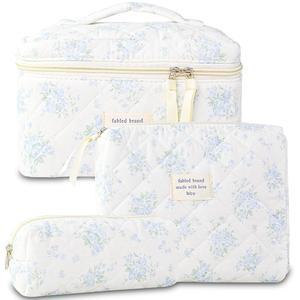 AMZMA 메이크업 가방 3개의 파우치 PCS 세트 코켓 꽃무늬 퀼팅 화장품 가방 귀여운