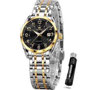 OLEVS 여성용 클래식 드레스 쿼츠 여성 손목시계 스테인리스 스틸 방수 야광 데이트 이지 리딩 시계