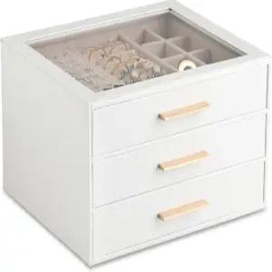 프레뷰티 클리어 뚜껑 주얼리 박스 서랍이 있는 3겹 정리함 PU 가죽 및 보관함 여성용 반지 귀걸이