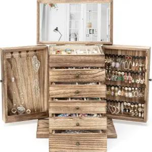 여성용 엠포고 나무 주얼리 박스 반지 귀걸이 목걸이 팔찌 시계(탄화 브라운)를 위한 미러 러스틱 솔리드