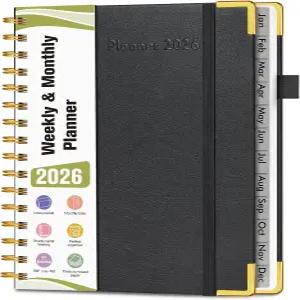 2026 플래너 하드커버 가죽 주간 및 월간 2026년 1월 - 12월 스파이럴 연간 어젠다 정리책 탭 포함 일일