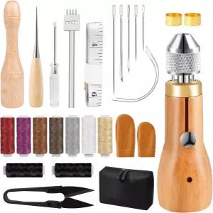 Hicdaw 28PCS 재봉 송곳 키트 도구 바늘 왁스 실 줄자 DIY 가죽 및 세트용 비치 망치