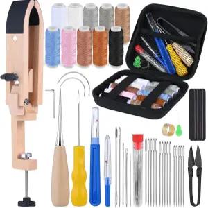 이지브비 스티칭 포니 가죽 테이블 레이스 데스크톱 재봉 바늘 범용 회전 DIY 핸드 위한 송곳이 포함된