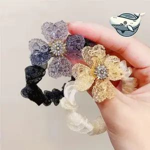 화사한 꽃 모양 헤어끈 네잎크로버 큐빅 장식 큐빅 URK 짱짱한 헤어끈 머리
