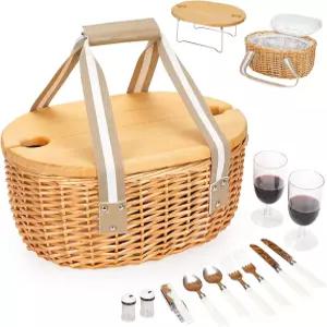 STBoo 피크닉 바구니 2인용 - 와인 테이블이 있는 위커 야외 캠핑을 위한 단열 쿨러백이 수제 윌로우