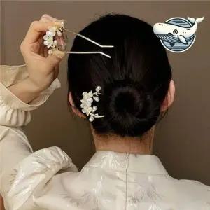 아름다운 진주 꽃 자개 비녀 우아한 머리 장식 u자형 진주 자개꽃 큰핀 명품헤어핀