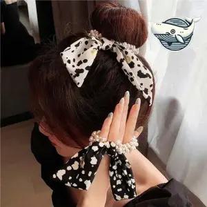 세련된 진주 포인트 리본 헤어끈 매듭 여성용 얼룩무늬 매듭 진주 URK 러블리 스크런치