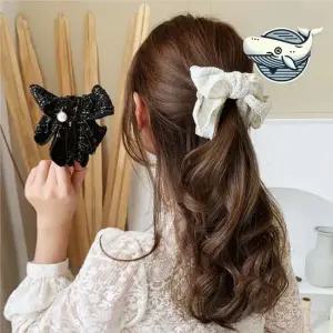 여성용 우아한 리본 진주 헤어핀 편한 체크리본 진주 바나나클립핀 ELH USH 여성미 강조