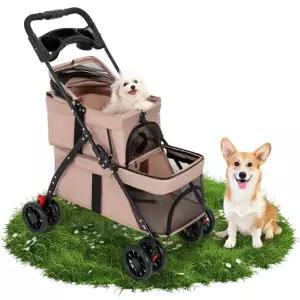 개와 고양이를 위한 YYW 더블 펫 유모차 컵 홀더가 있는 한 손 접이식 반려견