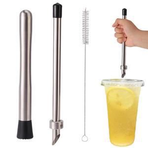 플라스틱 뚜껑용 빨대 펀처 머들러가 있는 스테인리스 스틸 컵 구멍 펀치 도구 청소 브러시 레모네이드 커터 스탠드 카페 음료 신선한 압착 델리 용기용 용품