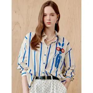 [하프클럽/]토끼 자수 루즈핏 블루 스트라이프 셔츠 블라우스