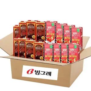 빙그레 멸균우유 190ml 2종 혼합16팩 (왕실 초코우유 8입+무설탕 딸기우유 8입)