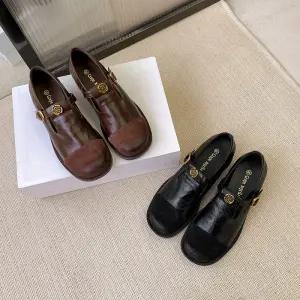 레트로 메리제인 여성 로퍼 브라운 가죽 T스트랩