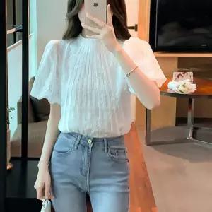 아멜리 레이스 여성 플리츠 퍼프 블라우스 반팔 셔츠