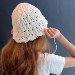 크로셰 니트 벙거지 보닛햇 버킷햇 스트링 끈달린 통퐁 햇빛 자외선 차단 여성 여자 봄 여름 간절기