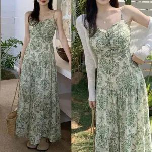 에스닉 끈나시 원피스 캉캉 A라인 스커트 바스트셔링 뒷 스모크밴딩 쉬폰원피스 끈조절가능 옆지퍼