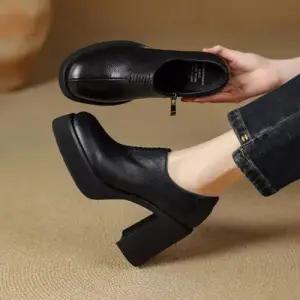 엘럽 여성 봄 단화 힐 옆지퍼 진피 라운드 화 통굽 하이힐 원템1