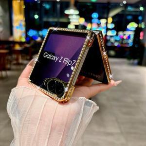 삼성 갤럭시 Z 플립 7 6 5 4 3용 양가죽 퀼팅 가죽 케이스, 블링 다이아몬드 충격 방지 커버