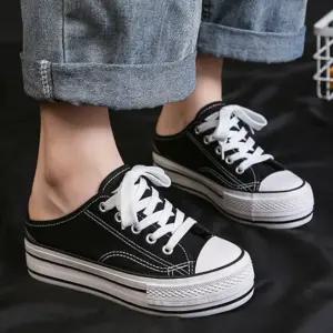 여성 5.5cm 속굽   캔버스 통굽 뮬슬리퍼 사무실 학교 학생 회사 실내화 블로퍼