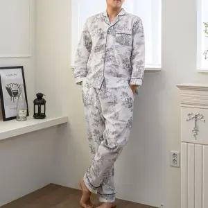 남성 뜨왈 패턴 광목 긴팔 잠옷 상하의 세트 파자마