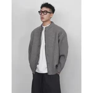 픽호샵 남성 회색 가을 페이크 체크 카디건 옅은 고지식 브이넥 키작남 꾹3