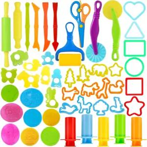 LCY WEDSHI 반죽 도구 세트 4-8세 용 49개 액세서리에는 동물 몰드 커터 롤러 롤링 핀 안전 가위 플라스틱