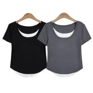 여성 페이크 레이어드 반팔티 1P 스쿱넥 티셔츠 여름 반소매 상의