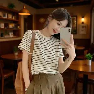 여성 반팔 티셔츠 여자 루즈핏 단가라 라운드 반팔티 EBM 1008039